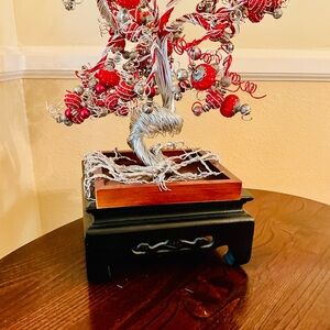 Red and Silver Wire Art Tree on Black Stand